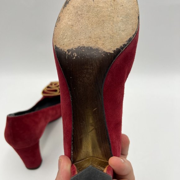 Stuart Weitzman Red Velvet Floral Block Heel Pumps Size 6 1/2 Career Workwear - Picture 7 of 12